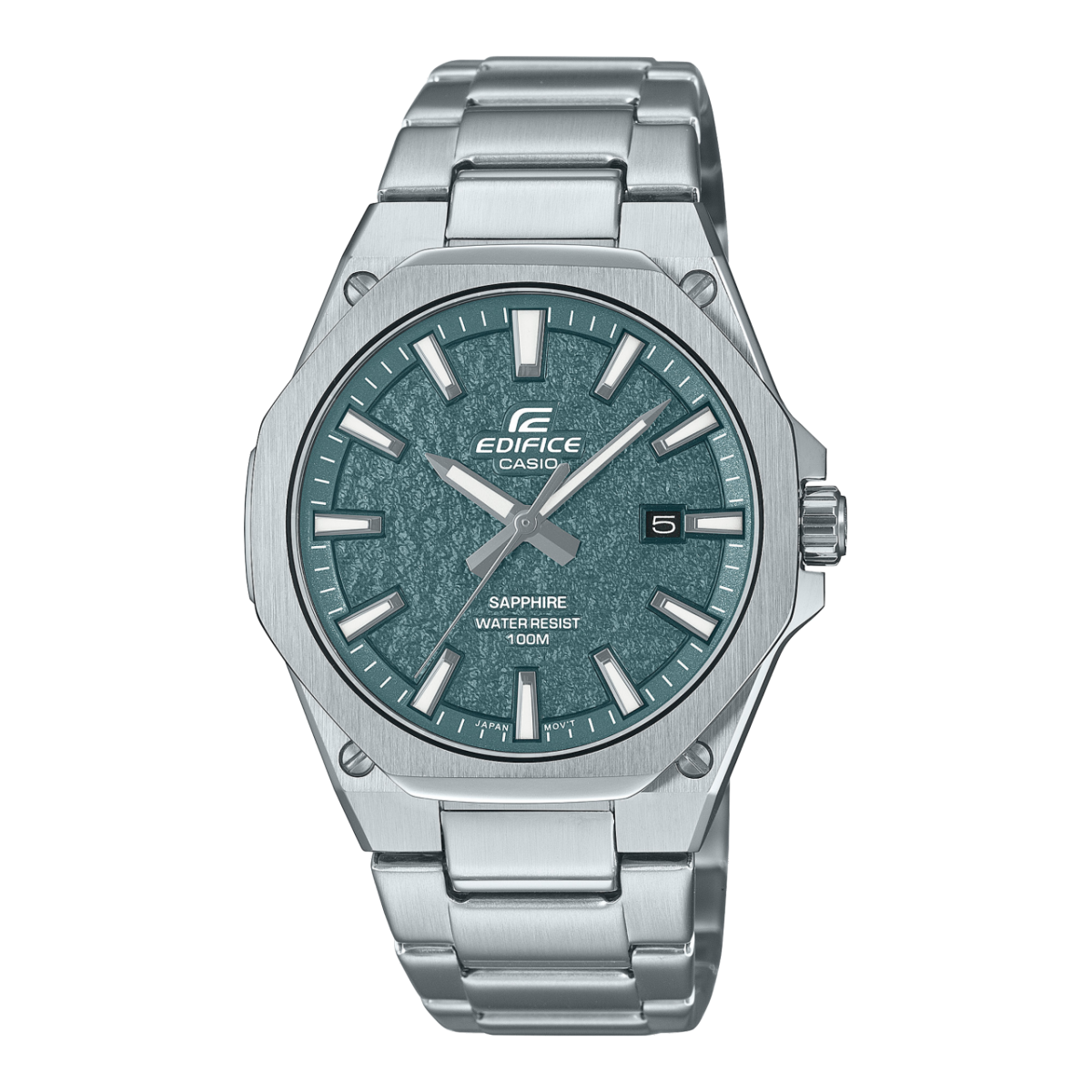 Vista frontale dell'EFR-S108DE-3AVUEF argento con quadrante verde scuro