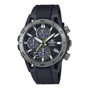 Cronografo EDIFICE “EFS-S640PB-1AV” con cinturino in resina nera, cassa argentata e indici bianchi e una sorprendente lancetta dei secondi verde