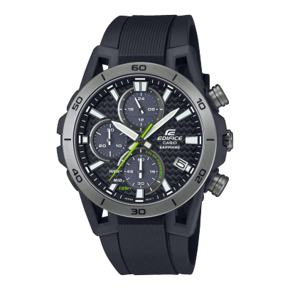 Cronografo EDIFICE “EFS-S640PB-1AV” con cinturino in resina nera, cassa argentata e indici bianchi e una sorprendente lancetta dei secondi verde