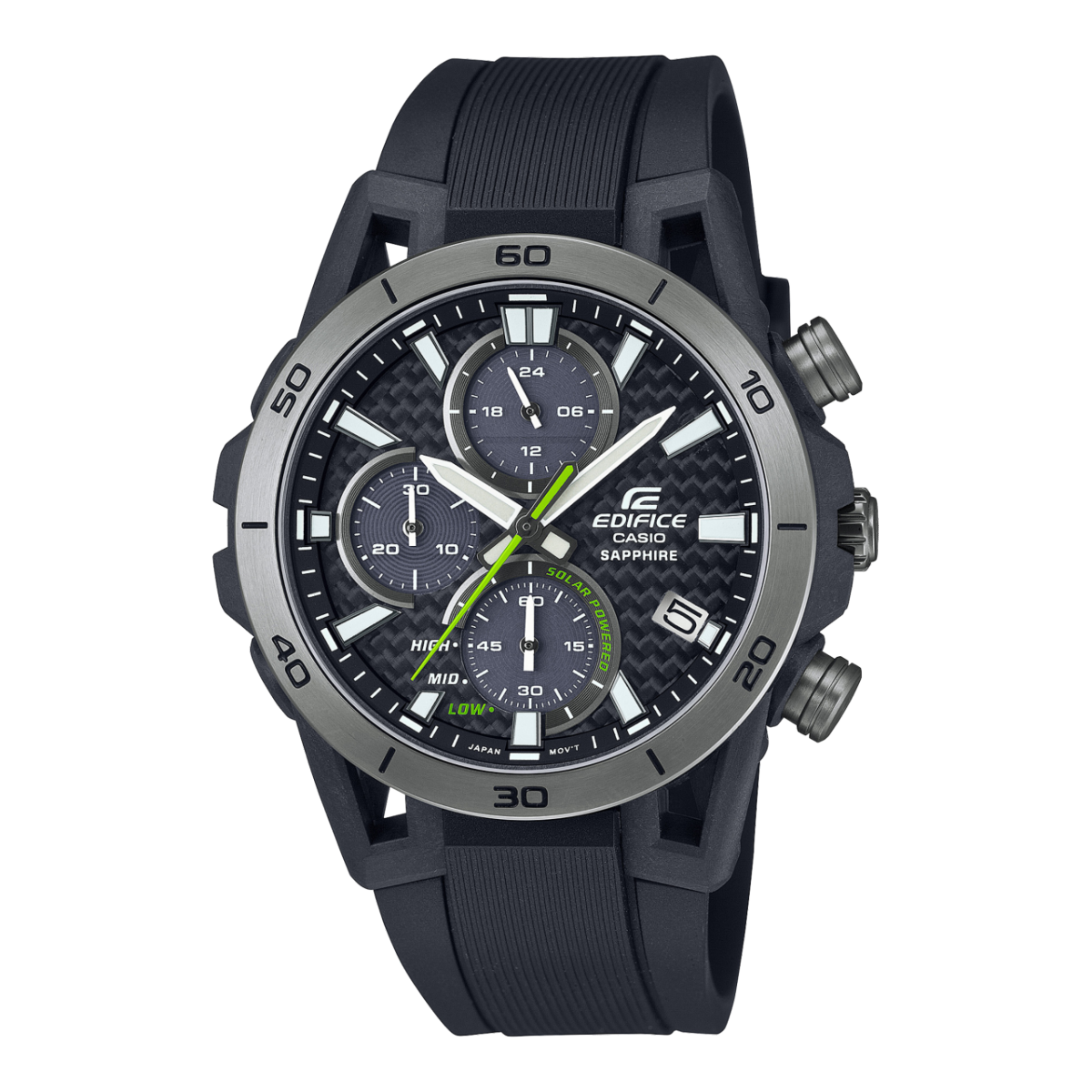 Cronografo EDIFICE “EFS-S640PB-1AV” con cinturino in resina nera, cassa argentata e indici bianchi e una sorprendente lancetta dei secondi verde
