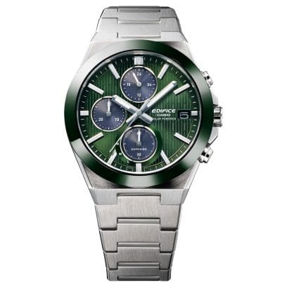 Vista frontale dell'EFS-S650D-3AEF con quadrante verde e cronografi a contrasto di colore