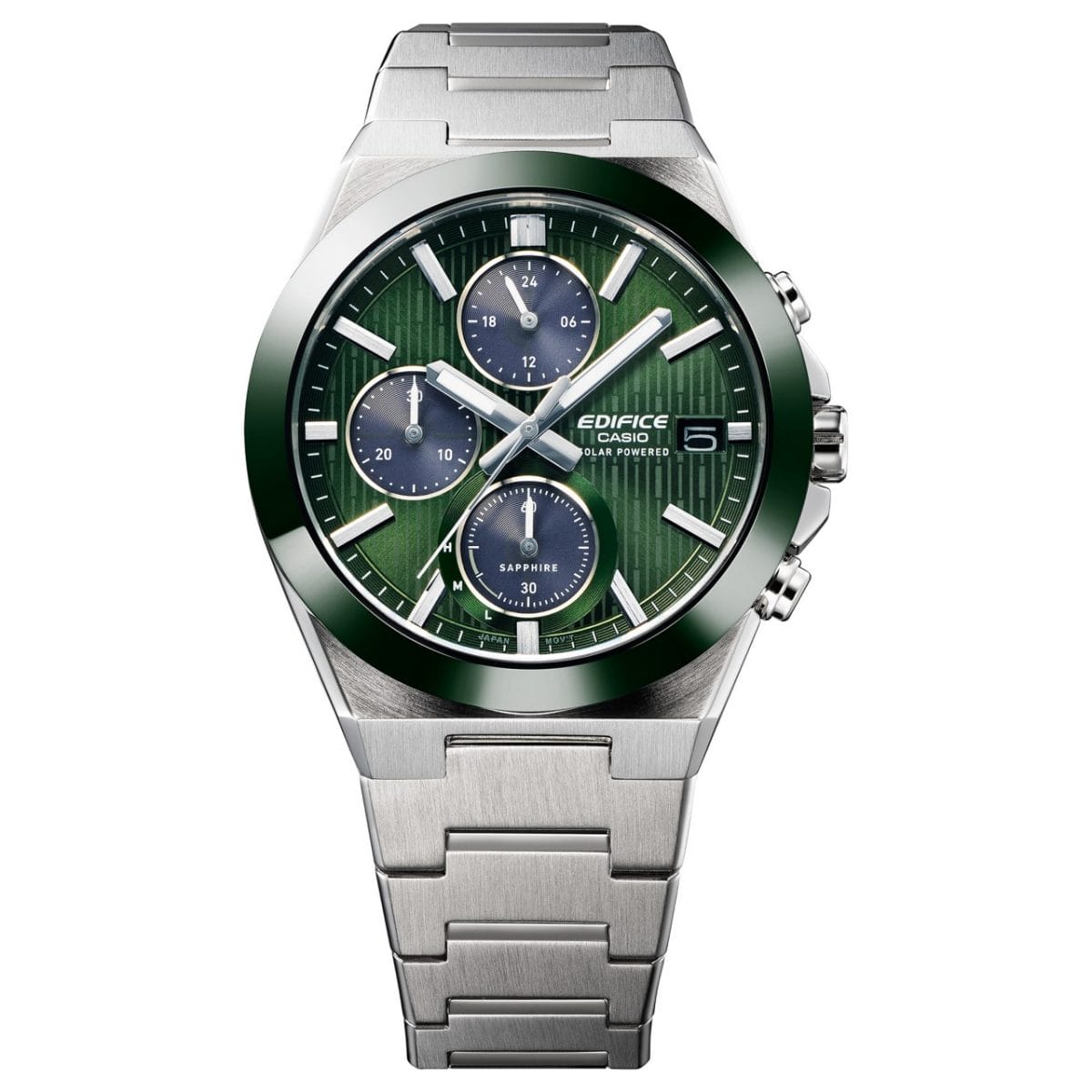 Vista frontale dell'EFS-S650D-3AEF con quadrante verde e cronografi a contrasto di colore