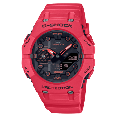 L'orologio da polso G-SHOCK GA-B001-4A con cinturino e cassa rosso vivo e quadrante analogico nero.