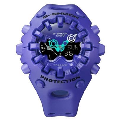 Vista frontale del GA-V01-2AER. Le lancette sono in colori contrastanti in blu e argento