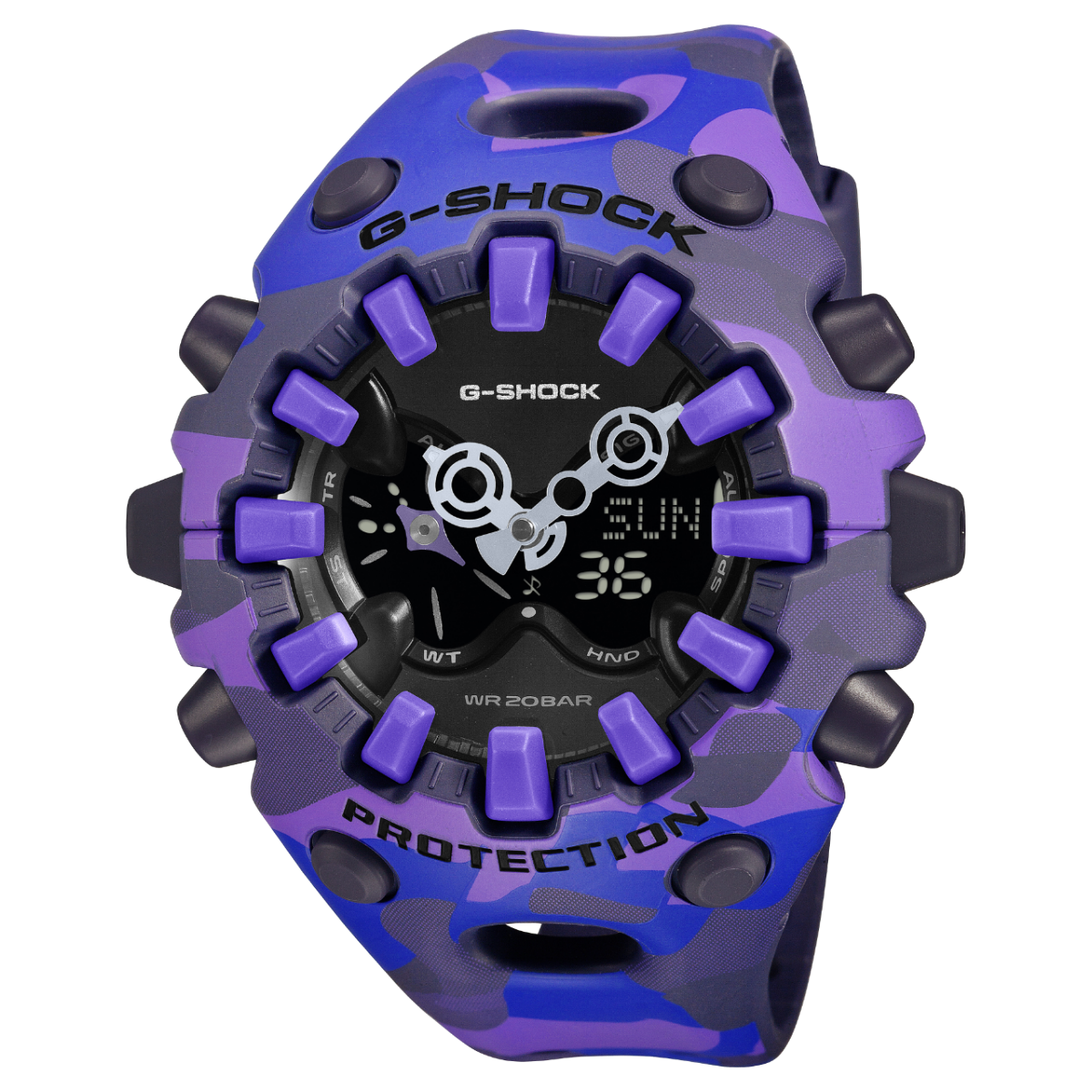Vista frontale dell'orologio da polso G-SHOCK GA-V01CMG-6AER ​​viola con design mimetico