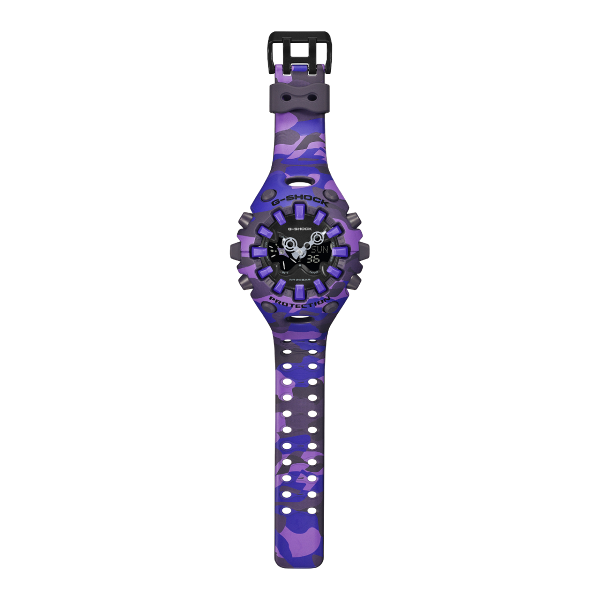 La cassa e il cinturino del G-SHOCK GA-V01CMG-6AER ​​sono ricoperti da una fantasia mimetica nei toni del viola.