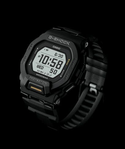 La cornice dell'orologio da polso G-SHOCK GBD-200-1A1ER nero riporta le parole G-SHOCK e PROTECTION
