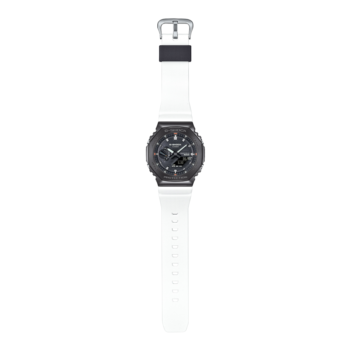 Vista completa dell'orologio da polso ibrido G-STEEL GBM-2100B-7A con cassa nera, quadrante nero e cinturino in resina bianca