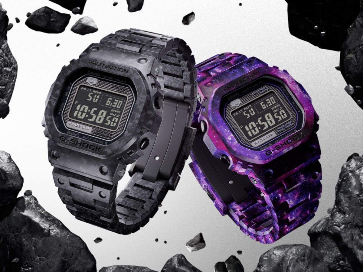 Da sinistra: Gli orologi da polso G-SHOCK GCW-B5000UN-1 (in nero), GCW-B5000UN-6 (in viola)