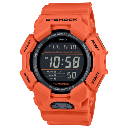 Immagine del prodotto dell'orologio da polso G-SHOCK “GD-010-4” con cinturino in resina arancione e cassa spessa e display digitale grigio-nero
