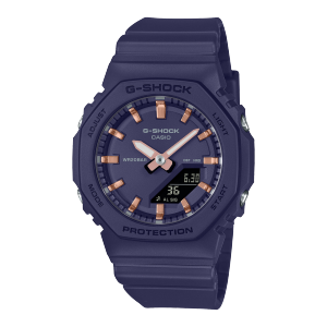Vista frontale del GMA-P2100M-2A blu scuro con accenti oro rosa su indici e lancette