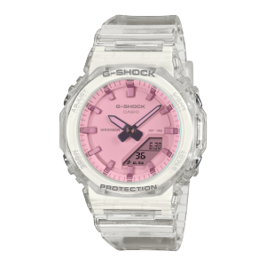 Vista frontale dell'orologio analogico-digitale G-SHOCK GMA-P2100SR-7AER con cinturino trasparente e vetro rosa.