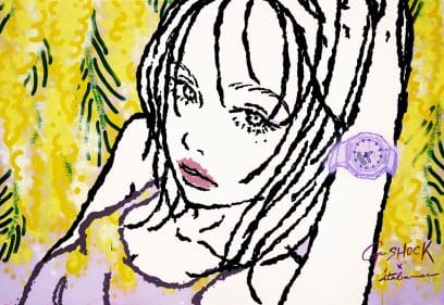 Disegno a colori di una donna che indossa il GMA-P2125W-6AER ​​al polso sinistro