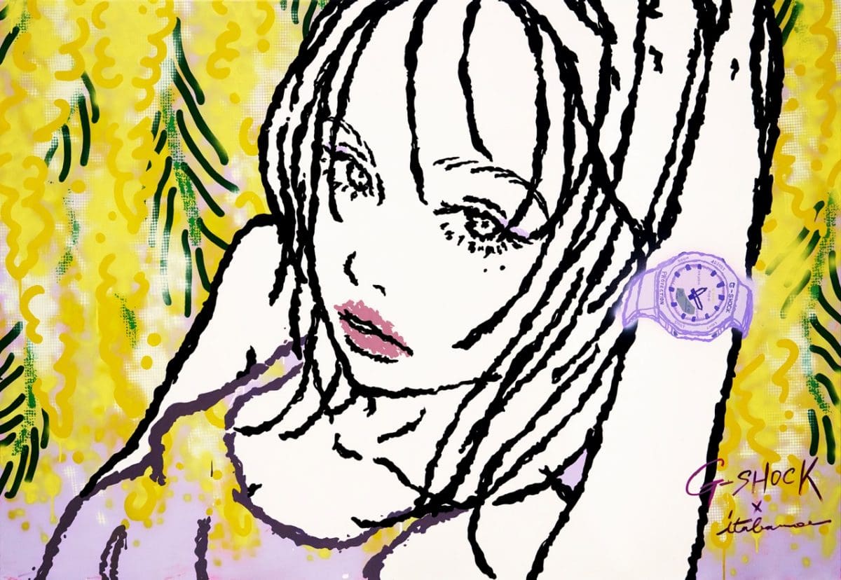 Disegno a colori di una donna che indossa il GMA-P2125W-6AER ​​al polso sinistro