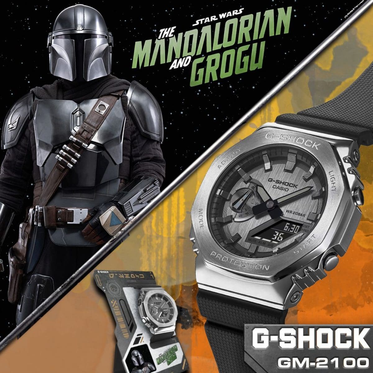 Poster in due parti che annuncia il film The Mandalorian e Grogu, e un orologio da polso G-SHOCK GM-2100-1A-MAN abbinato con supporto da esposizione.