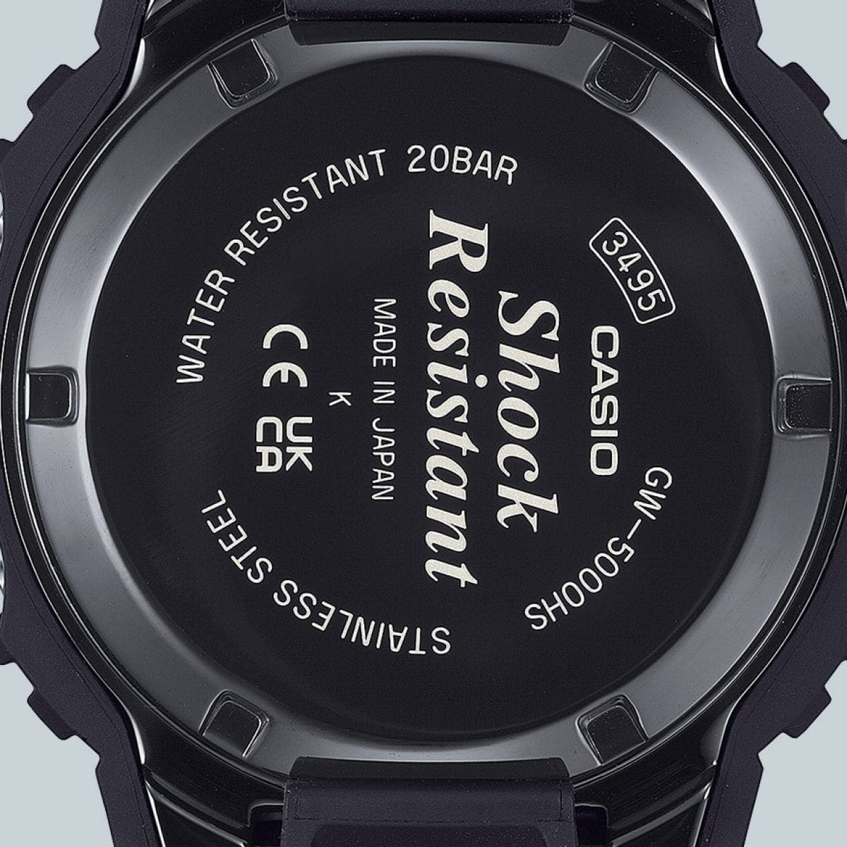 Retro del GW-5000HS - orologio da polso con incisione sul fondello "Shock Resistant"