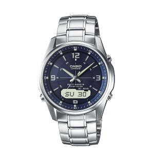 Vista frontale del modello LCW-M100DSE-2A argento con quadrante blu scuro