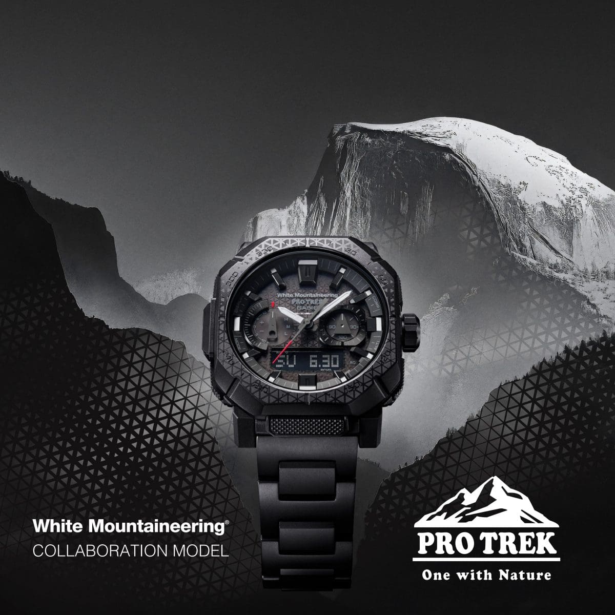 La PRW-B1000WM-1ER nera sullo sfondo di un paesaggio montano, con i due loghi dei marchi PRO TREK e White Mountaineering®.