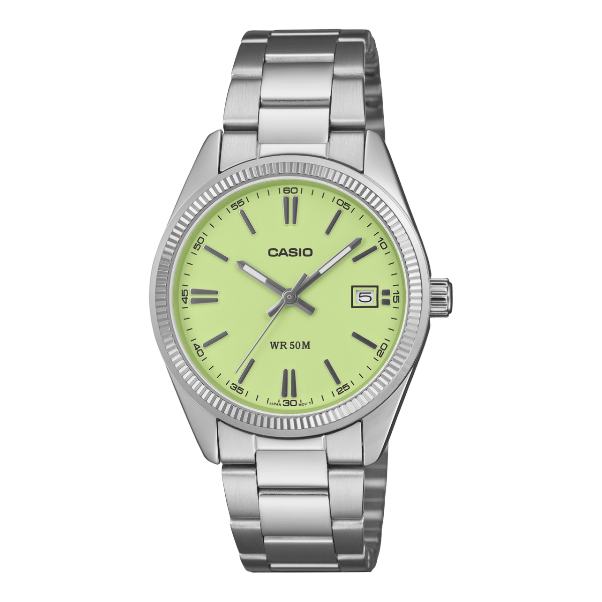 Vista frontale dell'orologio analogico argentato UTP-1302PD-3A2VEF con quadrante verde chiaro e datario a ore 3.