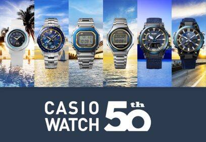 カシオウオッチ50周年記念シリーズ From left: BGA-S290SS-2A, OCW-S7000SS-2A, GMW-B5000SS-2, TRN-50SS-2A, PRW-61SS-2, ECB-2000SS-2A