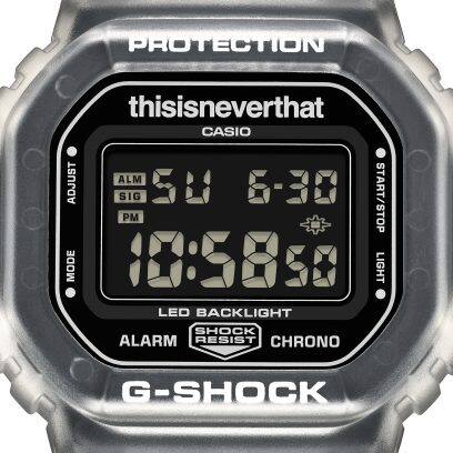 DW-5600TNT-7 កងមុខ និងខ្សែនាឡិកាធ្វើពីជ័រថ្លា បង្ហាញពីនិមិត្តសញ្ញា thisisneverthat ដ៏លេចធ្លោ