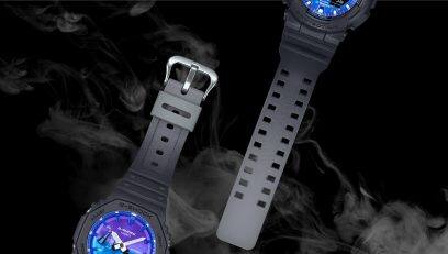 GA-2100FL-1A ផ្ទៃរចនាបែបផ្សែងនៃខ្សែនាឡិកាត្រូវបានធ្វើឡើងដោយការលាបពណ៌ដែលមានកម្រិតពណ៌ប្រផេះលើផ្ទៃខាងក្រោយពណ៌ខ្មៅ