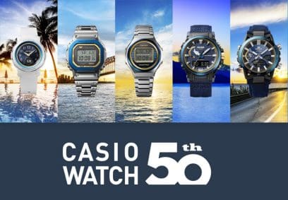 50.º ANIVERSARIO DE LOS RELOJES CASIO desde la izquierda: BGA-S290SS-2A, GMW-B5000SS-2, TRN-50SS-2A, PRW-61SS-2, ECB-2000SS-2A