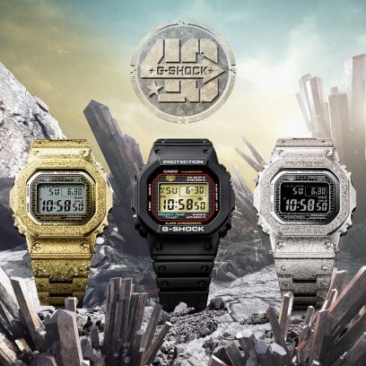 طراز من مواد مُعادة بلوَرتها للاحتفال بالذكرى الأربعين لطراز G-SHOCK  من اليسار: GMW-B5000PG-9, DW-5040PG-1, GMW-B5000PS-1 #2
