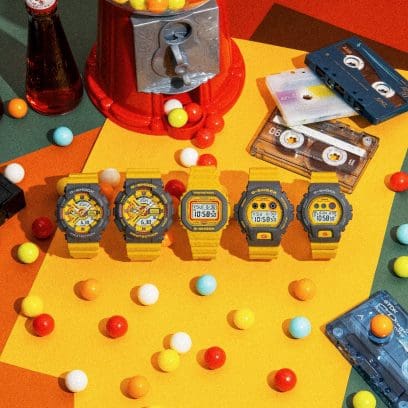 Desde la izquierda: GMA-S110Y-9A, GA-110Y-9A, DW-5610Y-9, DW-6900Y-9, GMD-S6900Y-9, relojes amarillos
