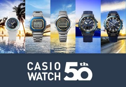 50.º ANIVERSARIO DE LOS RELOJES CASIO desde la izquierda: BGA-S290SS-2A, GMW-B5000SS-2, TRN-50SS-2A, PRW-61SS-2, ECB-2000SS-2A