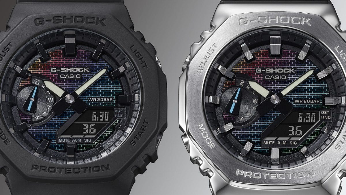GM-2100RW-1A El patrón de ladrillo iridiscente del dial se logra mediante una combinación de deposición de vapor plateado, grabado láser e impresión de colores arcoíris.