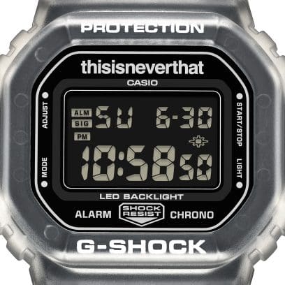 DW-5600TNT-7 A translucent resin bezel and band highlight the bold thisisneverthat logo