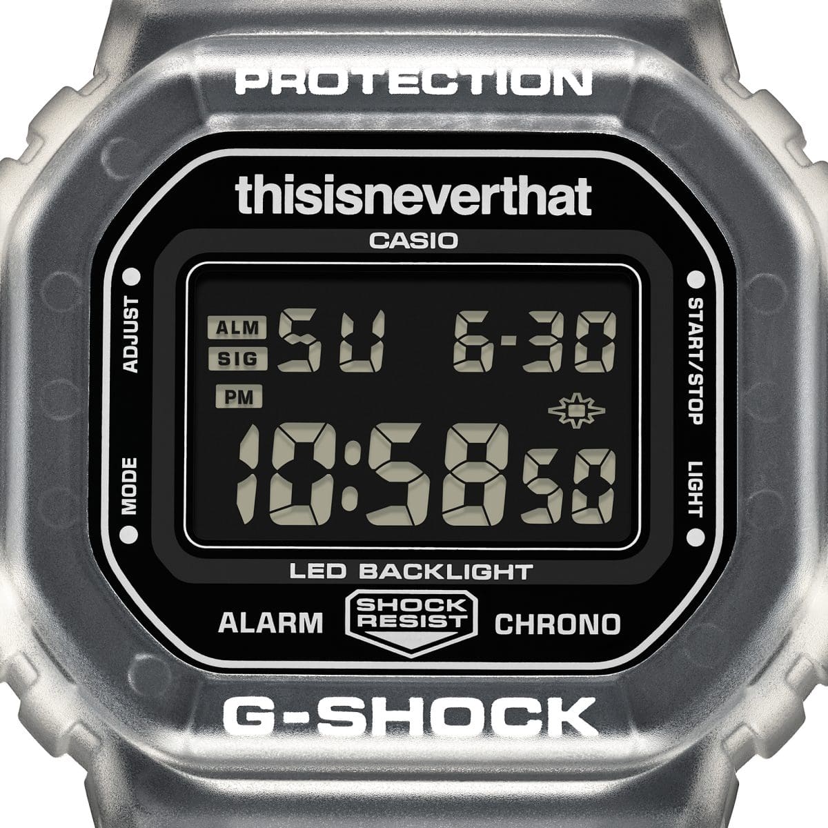 DW-5600TNT-7 A translucent resin bezel and band highlight the bold thisisneverthat logo