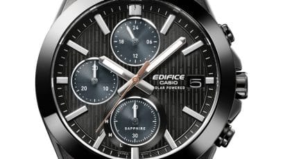 EFS-S650DC-1A Multi-hand chronograph face complementing the bezel