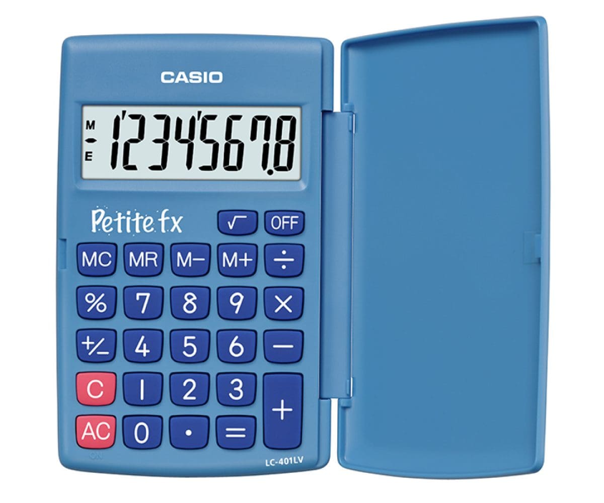 Vooraanzicht van de wetenschappelijke standaardrekenmachine PETITE FX (LC-401LV-BU) van CASIO met blauwe behuizing en grote functietoetsen.