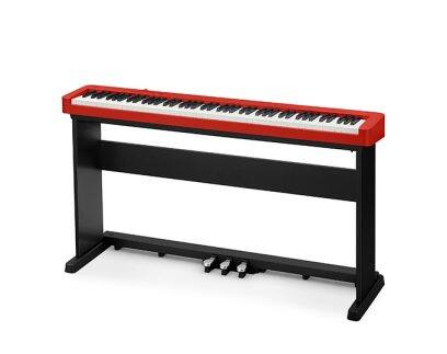 Totaaloverzicht CASIO CDP-S160 compacte digitale piano in rood in een set met standaard CS-470P met ingebouwd drievoudig pedaal.