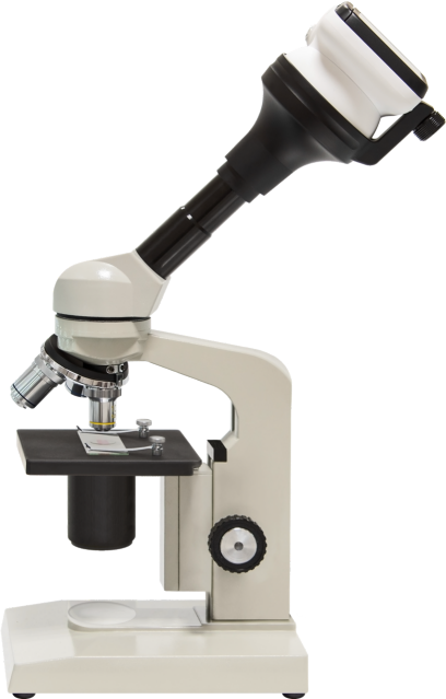 De adapter is bevestigd aan een microscoop, waarop de dermatologische camera is gemonteerd