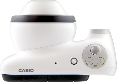 Bovenaanzicht van de witte dermatologische camera met drie knoppen aan de rechterkant