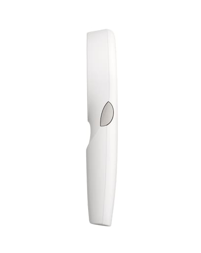 Zijaanzicht van de microscoop met een grijze knop en een inkeping in de handgreep