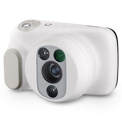 Zijaanzicht van de witte gynaecologische camera met meerdere lenzen en een ergonomische handgreep