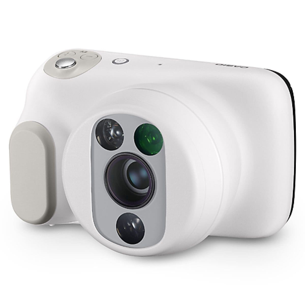 Zijaanzicht van de witte gynaecologische camera met meerdere lenzen en een ergonomische handgreep