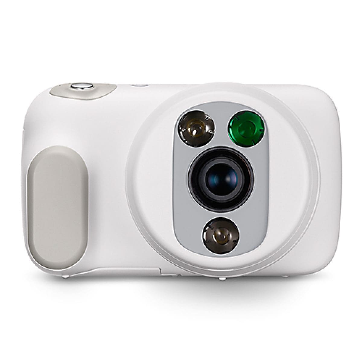 De witte gynaecologische camera van CASIO met een grote lens en drie extra lenzen/flitsers eromheen 