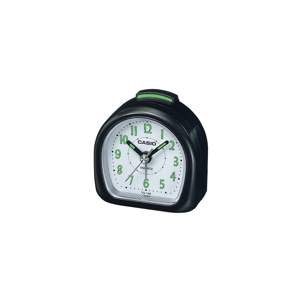 De analoge wekker TQ-148-1 met zwarte behuizing en witte, goed afleesbare wijzerplaat met grote, fluorescerende cijfers