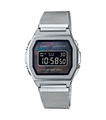 Zilverkleurig A1000M-1B digitaal horloge met mesh roestvrijstalen band, zwart parelmoer display, verlichting en waterafstotende functie die tijd en datum aangeeft 