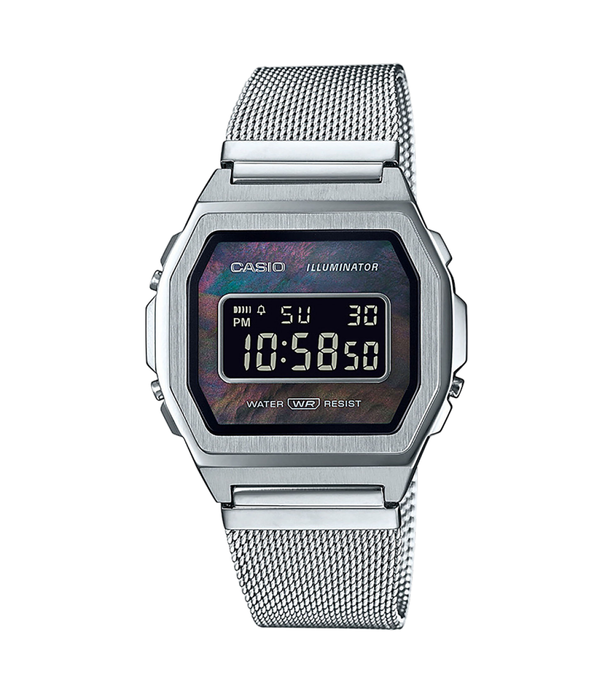 Zilverkleurig A1000M-1B digitaal horloge met mesh roestvrijstalen band, zwart parelmoer display, verlichting en waterafstotende functie die tijd en datum aangeeft 