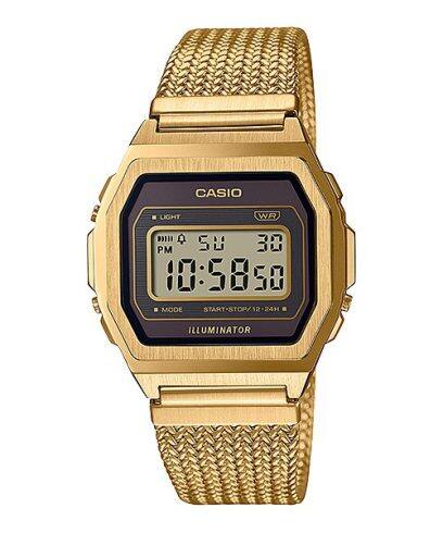 Het A1000MGA-5 horloge van Casio met goudkleurige geweven mesh-band