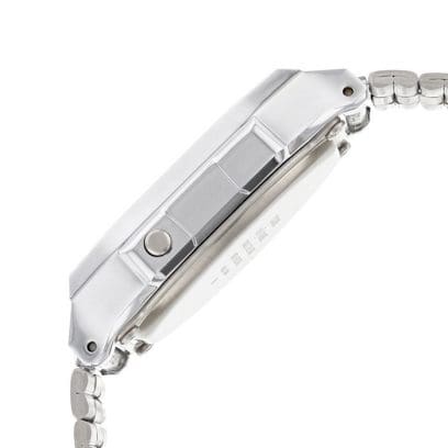 Zilver A168WEM-2 polshorloge zijaanzicht van de kast close-up