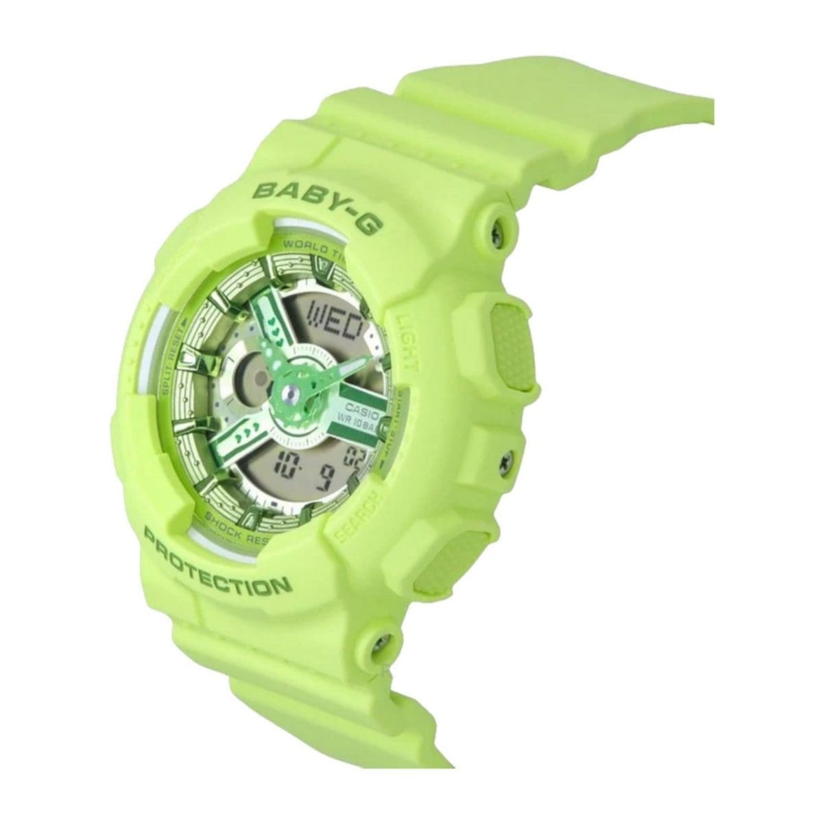 Zijaanzicht van het BABY-G horloge BA-110YK-3A-MAN in lichtgroen met een gestructureerd oppervlak op de zijknoppen.