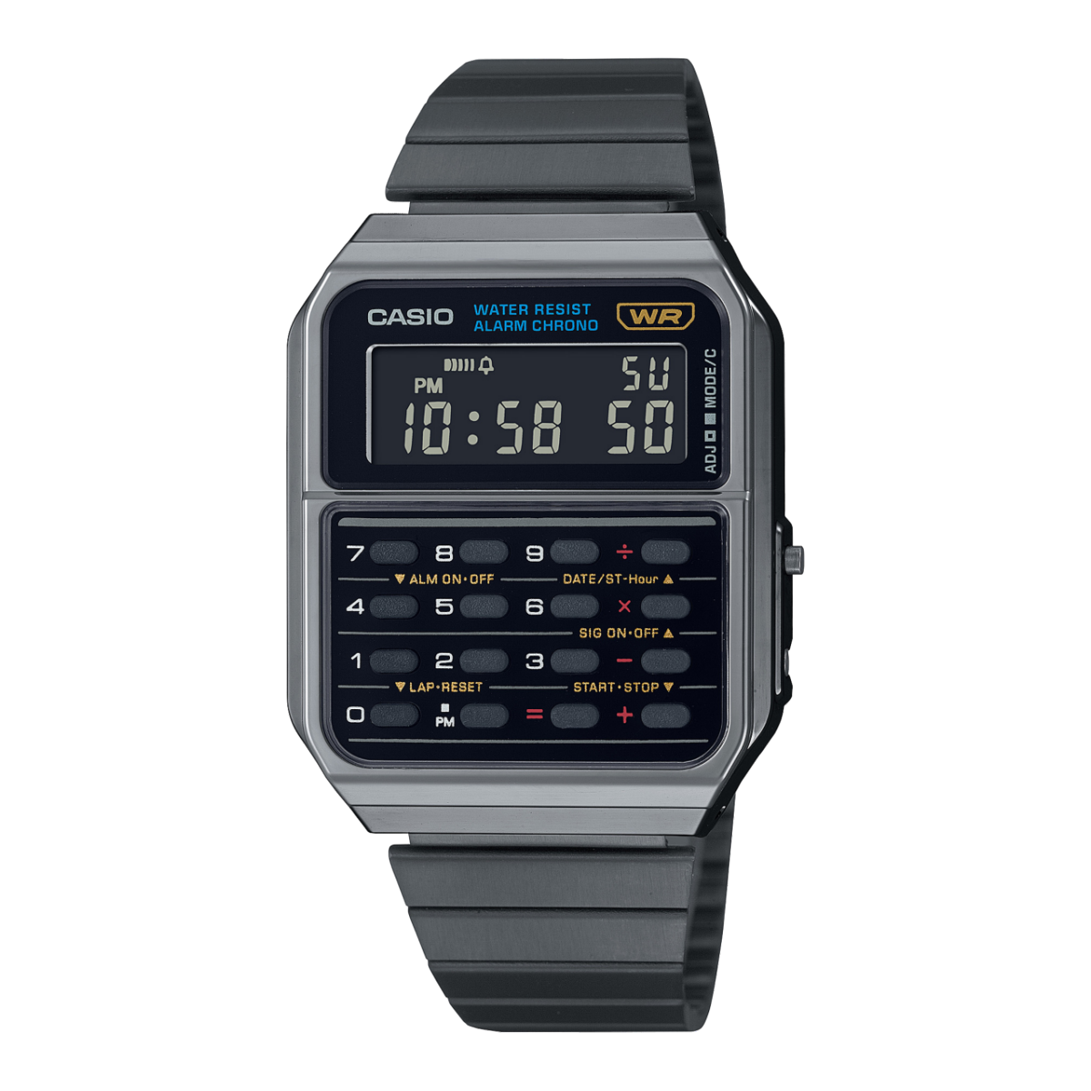 Het grijze CASIO Vintage Collection polshorloge “CA-500WEGG-1B” met rekenmachinefunctie, rechthoekige kast, klein digitaal display en kleine cijfertoetsen aan de onderkant.