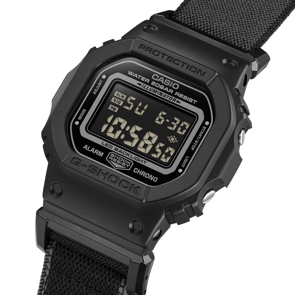 De textielen band van het G-SHOCK DW-5600MNC-1ER polshorloge is bevestigd aan de kunststof kast van het horloge.